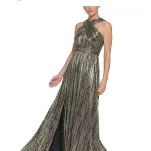 Eliza J Metallic Silver Crisscross Halter Dress